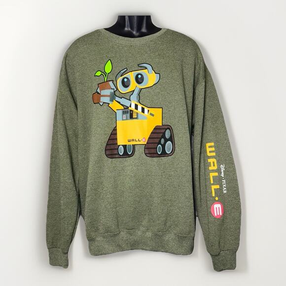 Disney Pixar WALL-E Crewneck LARGE Sweatshirt Fleece Sage Green Arm Print Logo - Picture 1 of 6